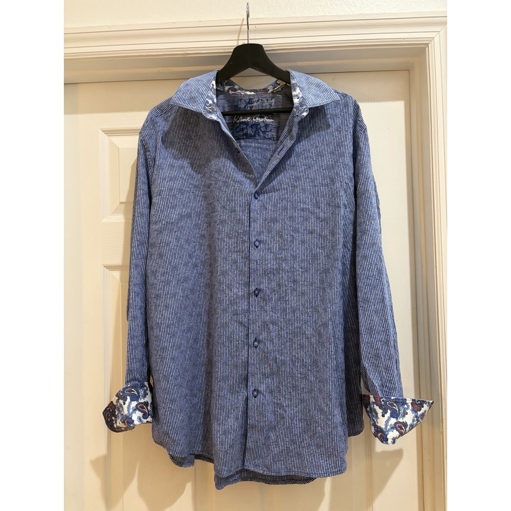 Robert Graham Button Up Shirt L Blue Damask Paisley Classic Fit Flip Cuff Cotton